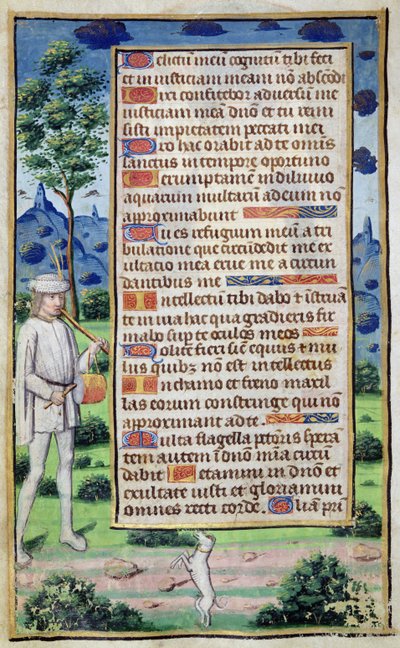 Fol.50v Pagina di testo con un dettaglio di bordo di un musicista che fa ballare il suo cane, da 