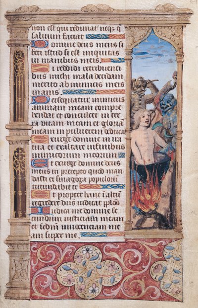 Fol.67r Pagina di testo con dettaglio di un uomo torturato da due demoni, da 