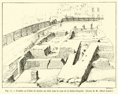 Scavi al Palazzo di Giustizia nel 1848, nel cortile della Sainte-Chapelle da French School