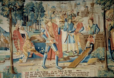 Fondazione della città di Troyes. Il re Jasius viene ucciso dal fratello Dardano che fugge in barca e fonda Troyes (in Champagne) rappresentata sullo sfondo. Arazzo di "La storia favolosa dei Galli" realizzato dall