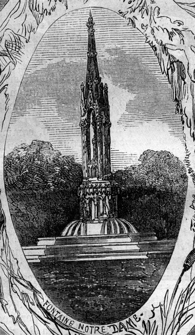 Fontana di Parigi: veduta della Fontana della Vergine (Fontana di Notre Dame) (circa 1845). Incisione in "Le Monde Illustré" n.254 del 22 febbraio da French School