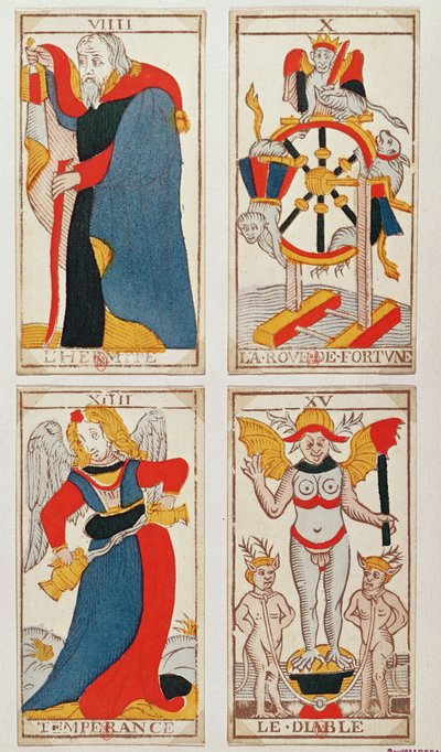 Quattro carte dei tarocchi che raffigurano L