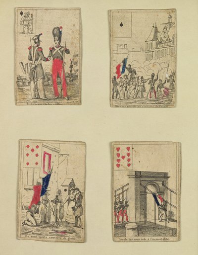 Quattro carte da gioco commemorative degli eroi di luglio 1830, 1831 da French School