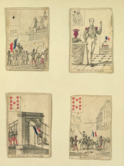 Quattro carte da gioco commemorative degli eroi di luglio 1830, 1831 da French School