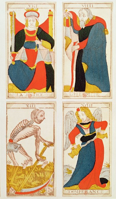 Quattro carte dei tarocchi che raffigurano La Giustizia, La Temperanza, La Morte e L