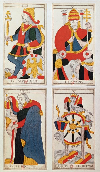 Quattro carte dei tarocchi che raffigurano L