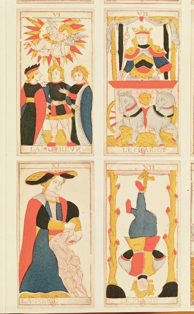 Quattro carte dei tarocchi che raffigurano Gli Amanti, Il Carro, La Forza e L