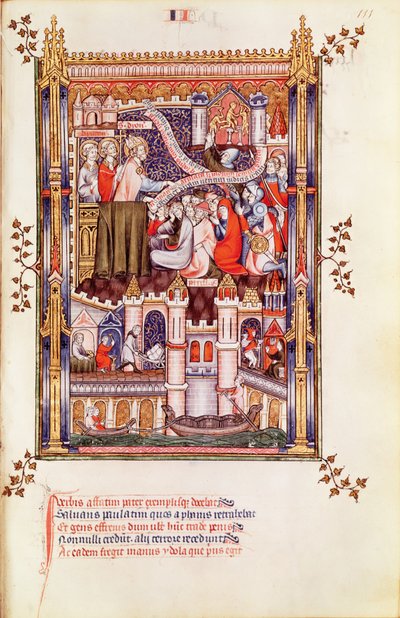 San Denis che predica ai parigini che rompono i loro idoli pagani, da Vie de St. Denis, 1317 da French School