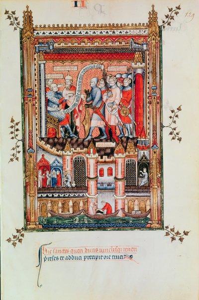 Sisinnio che dà ordini a San Denis e ai suoi compagni portati davanti a lui, da Vie de St. Denis, 1317 da French School