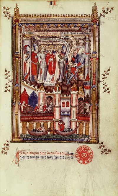 Il primo interrogatorio di San Denis e dei suoi compagni da parte di Sisinnio, da Vie de St. Denis, 1317 da French School