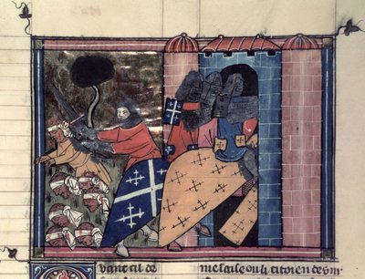 Cavalieri crociati montati che combattono contro i Saraceni nel 1185 circa, da Le Roman de Godefroi de Bouillon da French School