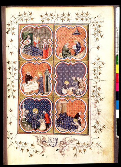 Fr 2813 f.265 Sei scene dalla vita di San Luigi (1215-70), dalle Grandes Chroniques de France, 1375-79 da French School