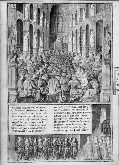 Fr 5594 fol.19 Come Papa Urbano II (1042-99) predicò la riconquista della Chiesa del Santo Sepolcro al Concilio di Clermont-Ferrand, illustrazione da Les Passages d