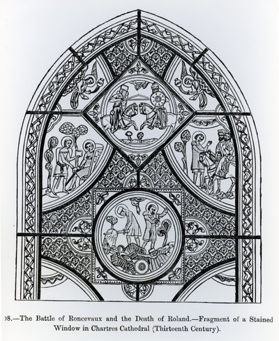 Frammento di una vetrata nella Cattedrale di Chartres, raffigurante la Battaglia di Ronceveaux e la Morte di Rolando, illustrazione da Scienza e Letteratura nel Medioevo e Rinascimento da French School