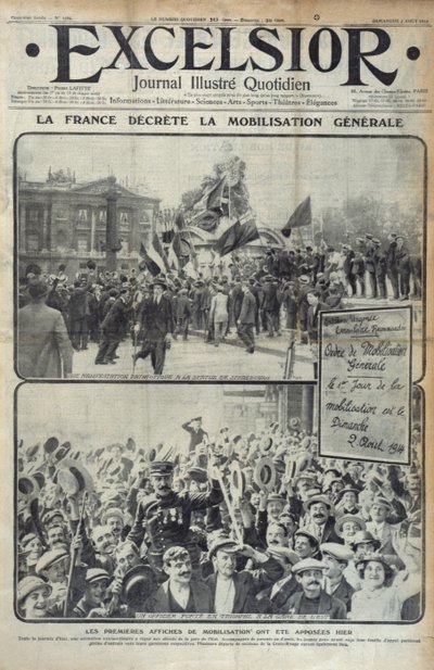 La Francia dichiara la mobilitazione generale il 2 agosto 1914, illustrazione di copertina di Excelsior di domenica 2 agosto 1914 da French School