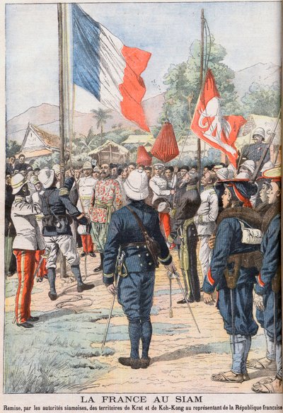 La Francia prende il controllo dei territori di Krat e Koh-Kong, Siam dopo il Trattato del 1904 concordato tra i siamesi e i francesi, illustrazione da 