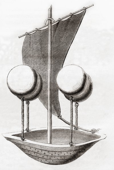 Concetto di barca volante di Francesco Lana de Terzi c.1670, da Les Merveilles de la Science, pubblicato c.1870 da French School