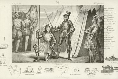 Francesco I di Francia chiede di essere nominato cavaliere dal Cavaliere Bayard dopo la vittoria nella Battaglia di Marignano, Italia, 1515 da French School