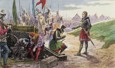 Francesco I, armato cavaliere da Bayard, a Marignano - Illustrazione XIX secolo. da French School