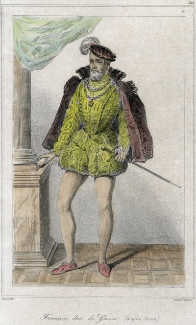Francois I di Lorena, 2° Duca di Guise (1519 - 1563). Iniziò la prima guerra di religione con il massacro di Wassy (Vassy) (1562). Incisione del XIX secolo da French School