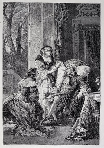 Francois de la Rochefoucauld (1613-1680) che parla con Mademoiselle de Sevigne (Marie de Rabutin-Chantal), Marchesa de Sevigne detta Madame de Sevigne (1626-1696) e Marie-Madeleine Pioche de La Vergne, contessa de Lafayette (Madame de la Fayette) da French School
