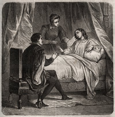 Francoise de Foix, Contessa di Chateaubriant (ca. 1495-1537), malata, riceve Clement des Marets detto Marot (1496-1544), il valletto di Francesco I, a letto. Incisione del 1871 in "Histoire Des Cocuses Celebres" di Henry de Kock da French School