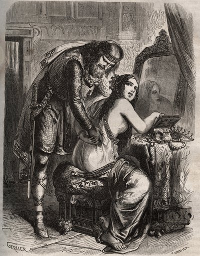 Fredegonda (545-597) prende il marito, re dei Franchi Chilperico I (543-597), per il suo amante, Landerico. Il re scopre che sua moglie lo tradisce. Incisione del 1871 in "Histoire Des Cocus Célèbres" di Henry de Kock (1819-1892). da French School
