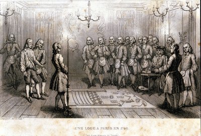 Massoneria: riunione segreta in una loggia a Parigi nel 1740. Incisione da 