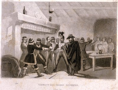 Massoneria: il giuramento dei fratelli mietitori a Potok nel 1821. Incisione da 