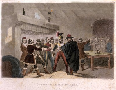 Massoneria: il giuramento dei fratelli mietitori a Potok nel 1821. Incisione da 