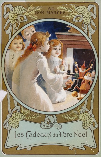 Cartolina di Natale francese che mostra ragazze con una candela alla vigilia di Natale da French School