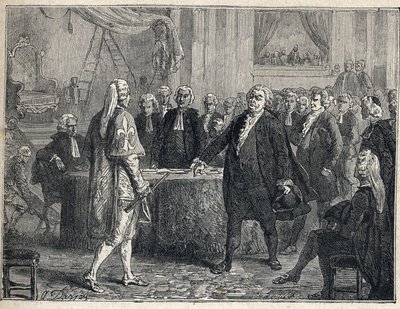 Rivoluzione Francese - Assemblea Generale del 23/06/1789: Honoré Gabriel Riqueti, Conte di Mirabeau (1749-1791) apostrofa Henri Evrard, Marchese di Dreux-Brézé (1762-1829). Incisione del 1889. Collezione privata da French School