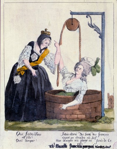 Rivoluzione Francese: vignetta contro la Regina Maria Antonietta (1755-1793) caduta in fondo a un pozzo per voler placare la sua sete di sangue francese da French School
