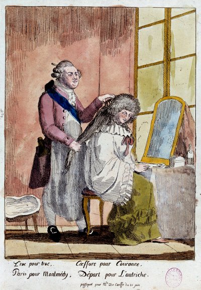 Rivoluzione francese: Caricatura sulla fuga della famiglia reale a Varennes il 20 e 21/06/1791: il re Luigi XVI che acconcia la regina Maria Antonietta doveva partire con il falso passaporto di governante dei figli della baronessa di Korff. Anonima incisio da French School