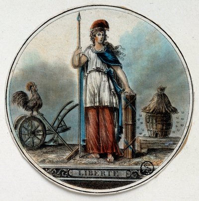 Rivoluzione Francese: allegoria della Libertà come donna vicino a un alveare e un gallo da French School
