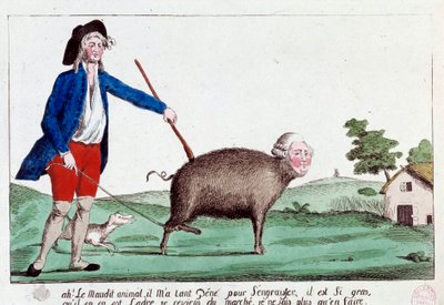 Rivoluzione francese: caricatura che raffigura un rivoluzionario che riporta Luigi XVI sotto forma di maiale della marcia e non sa cosa farne. 1792. Incisione colorata anonima, Sole 14x22.8 Parigi, Museo Carnavalet da French School
