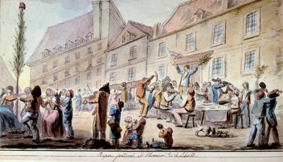 Rivoluzione francese: pasto fraterno in onore della libertà nel giugno 1793. Patrioti e parigini celebrano la Libertà. Il motto 