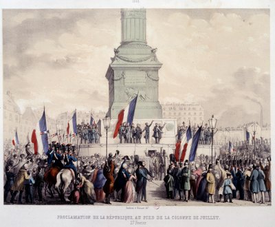 Rivoluzione francese del 1848: proclamazione della Seconda Repubblica ai piedi della colonna di luglio in Place de la Bastille il 25/02/1848. Litografia del XIX secolo. Parigi, Musee Carnavalet da French School