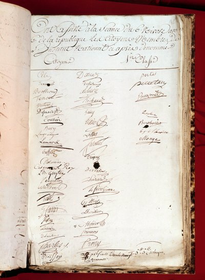 Foglio di un registro di presenze del 26/12/1797 (6 nivose anno VI) con firme delle persone che hanno partecipato a un Istituto Nazionale. Parigi, Accademia delle Scienze da French School
