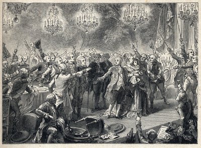 Rivoluzione Francese: i realisti giurano fedeltà alla monarchia alla presenza del Re Luigi XVI (1754-1793) della Regina Maria Antonietta (1755-1793) e del delfino al banchetto delle guardie del corpo organizzato il 1 ottobre 1789 nell