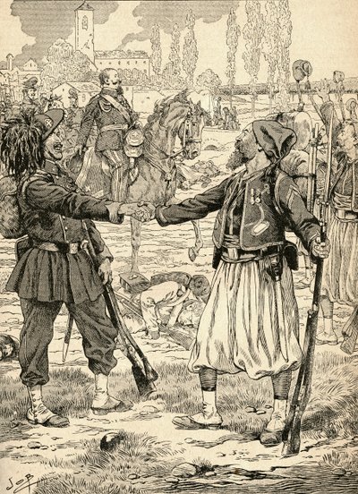 Soldati francesi e sardi che si stringono la mano per celebrare la loro vittoria contro gli austriaci dopo la battaglia di Palestro, Italia da French School