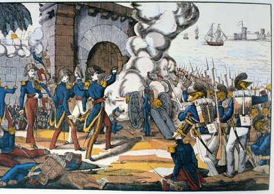 Attacco francese alla fortezza messicana di San Juan de Ulua durante la Guerra dei Pasticci del 1838 da French School
