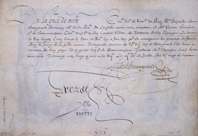 Calligrafia francese: Ricevuta a favore di Bernard de Beaugrand rilasciata il 2 luglio 1623. Biblioteca storica della città di Parigi. da French School