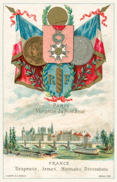 Bandiere francesi, armi, monete e decorazioni e una vista di Parigi dal Pont Neuf da French School