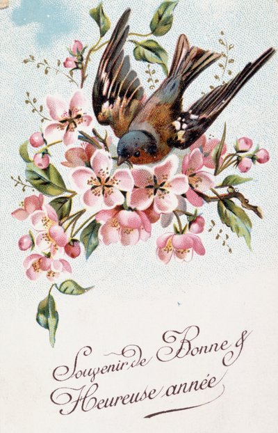 Cartolina di Capodanno francese con fiori e un uccello da French School