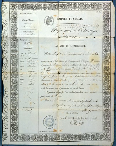 Passaporto francese, da Besançon, 20 settembre 1854 da French School