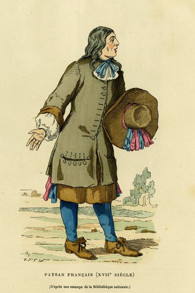 Costume contadino francese nel XVIII secolo. Incisione a colori da una stampa della biblioteca nazionale, in 