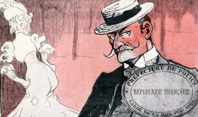 Polizia francese che sorveglia una prostituta prima di arrestarla. Francia del XIX secolo. Illustrazione francese 1890 da French School