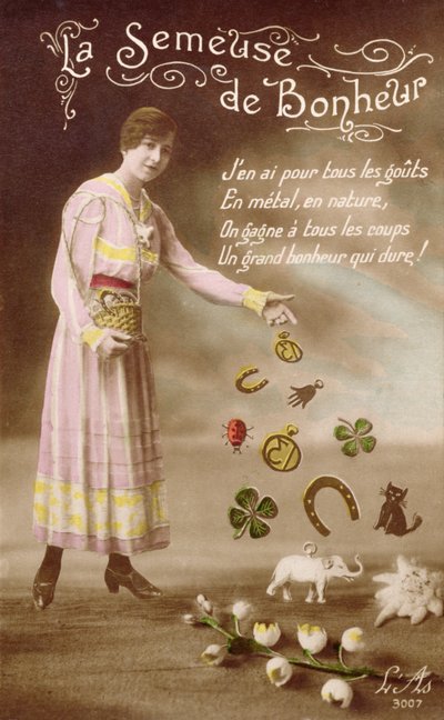 Cartolina francese raffigurante La Semeuse de Bonheur (La seminatrice di buona fortuna), 29 marzo 1914 da French School