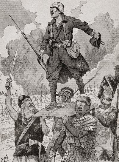 Poster di propaganda francese intitolato "On Les Aura", o Li Avremo. Quattro soldati di diversi periodi storici portano uno soldato della Prima Guerra Mondiale ferito ma sfidante su uno scudo. Da Agenda Buvard du Bon Marche pubblicato nel 1917. da French School